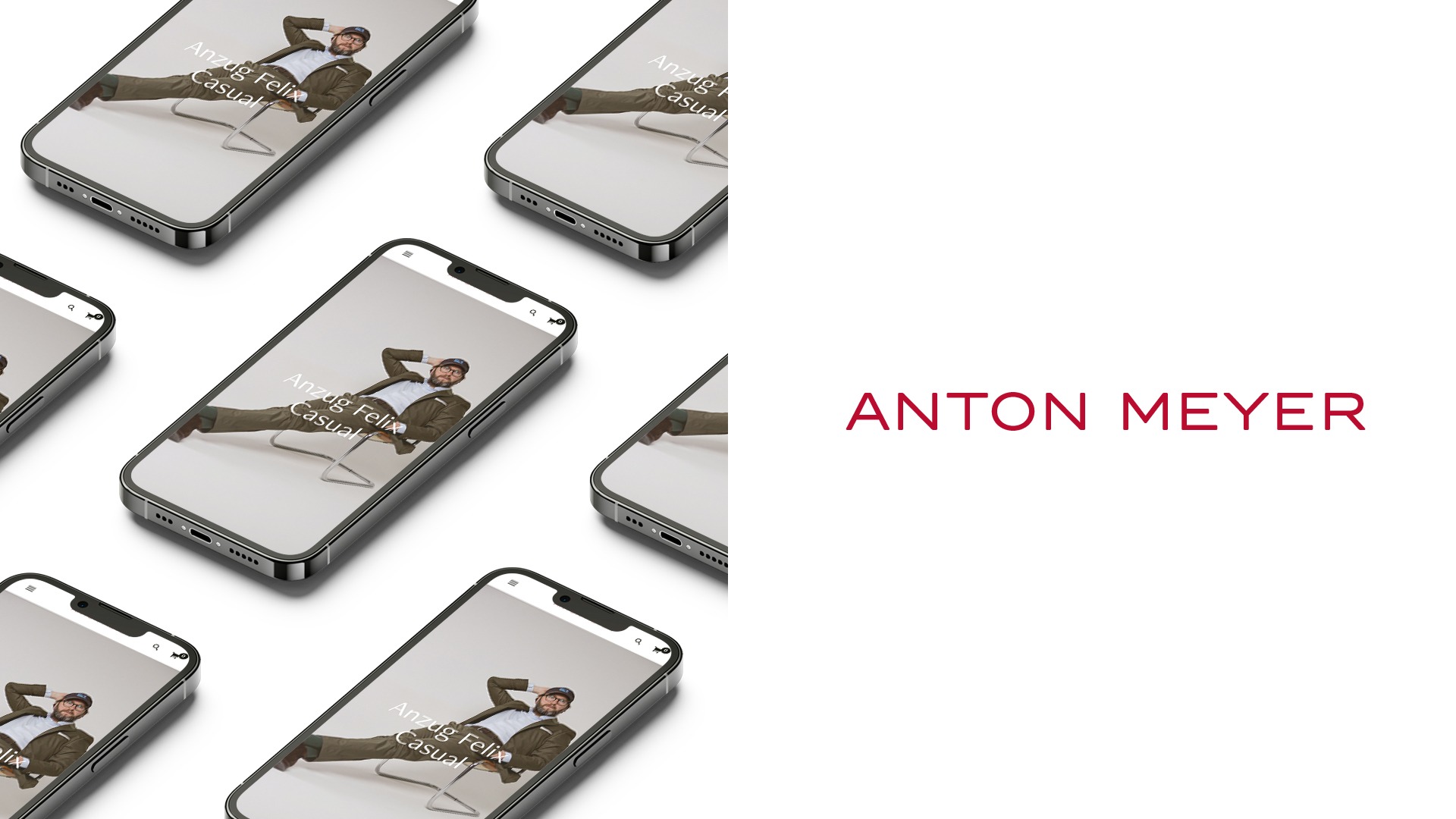 Anton Meyer Projektbanner – auf der linken Seite sind Mockups der mobilen Website des Anton Meyer Onlineshops auf Basis von Woocommerce zu sehen, auf der rechten Seite das Logo des Shops in rot auf weißem Hintergrund.