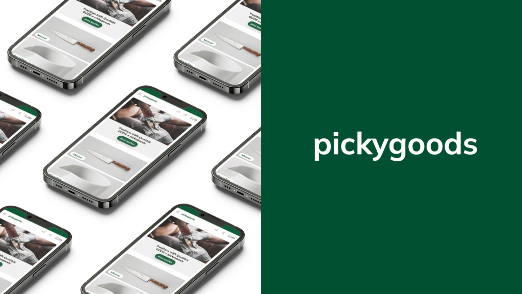 Pickygoods Projektbanner – auf der linken Seite sind Mockups der mobilen Website des Pickygoods Onlineshops auf Basis von Shopware 6 zu sehen, auf der rechten Seite das Logo des Shops in weiß auf grünem Hintergrund.