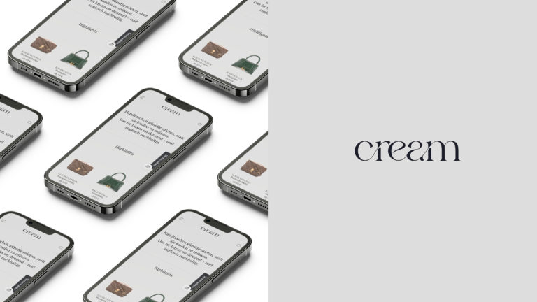 Cream-Bags Projektbanner – auf der linken Seite sind Mockups der mobilen Website des Cream-bags Onlineshops auf Basis von Woocommerce zu sehen, auf der rechten Seite das Logo des Shops in schwarz auf grauem Hintergrund.