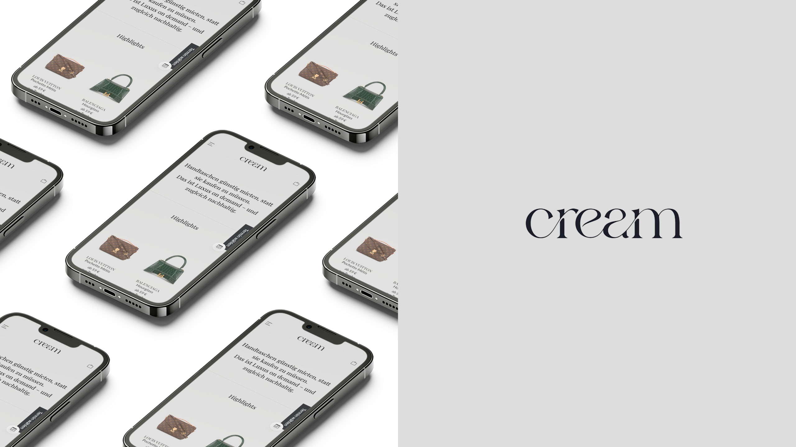 Cream-Bags Projektbanner – auf der linken Seite sind Mockups der mobilen Website des Cream-bags Onlineshops auf Basis von Woocommerce zu sehen, auf der rechten Seite das Logo des Shops in schwarz auf grauem Hintergrund.