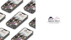 Mein Hut Projektbanner – auf der linken Seite sind Mockups der mobilen Website des Mein Hut Onlineshops zu sehen, auf der rechten Seite das Logo des Shops in schwarz und rot auf weißem Hintergrund.
