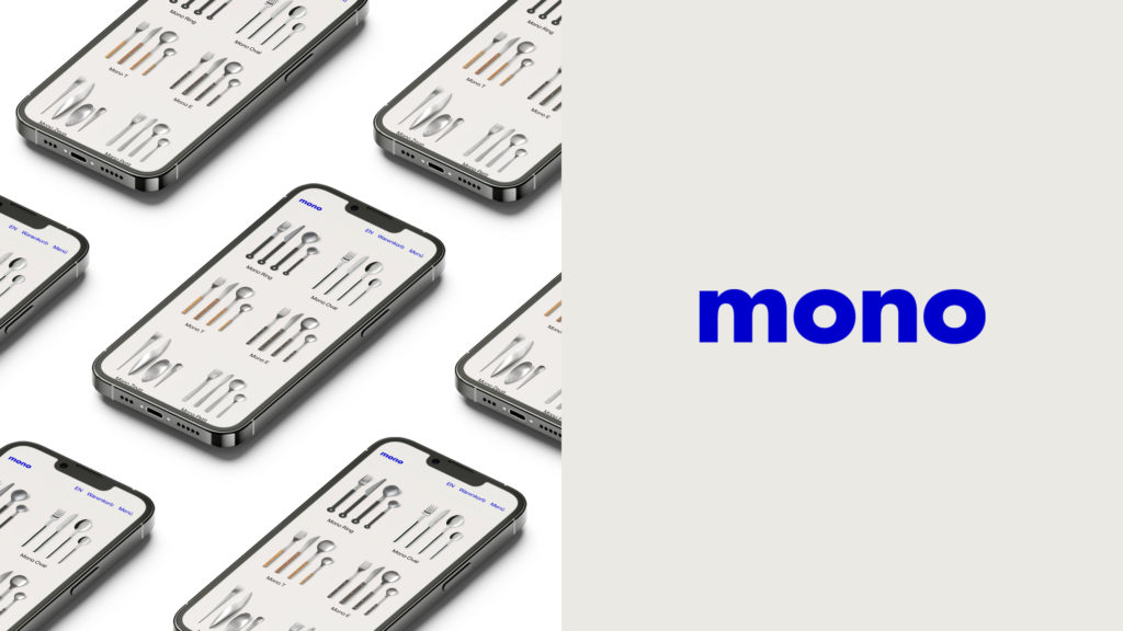 Mono Projektbanner – auf der linken Seite sind Mockups der mobilen Website des Mono-Bestecke-Onlineshops zu sehen, auf der rechten Seite das Logo des Shops in Blau auf beigem Hintergrund.